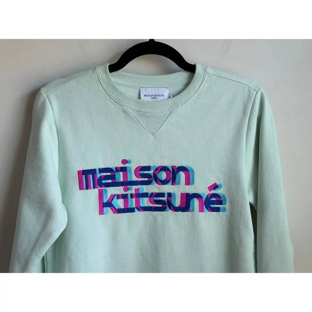 Maison Kitsuné Neon Line Typo Embroidery Sweatshirt Light Green Women's XS NWT